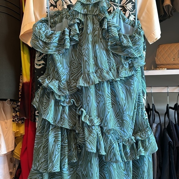 Cinq a Sept- Blue and green Sleeveless Multi Ruffle “Rayner” Printed Midi Dress - Picture 7 of 8